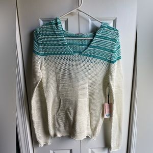 Juicy Couture Women's Teal and White Crochet Knit Hooded Sweater - Size  L - NWT